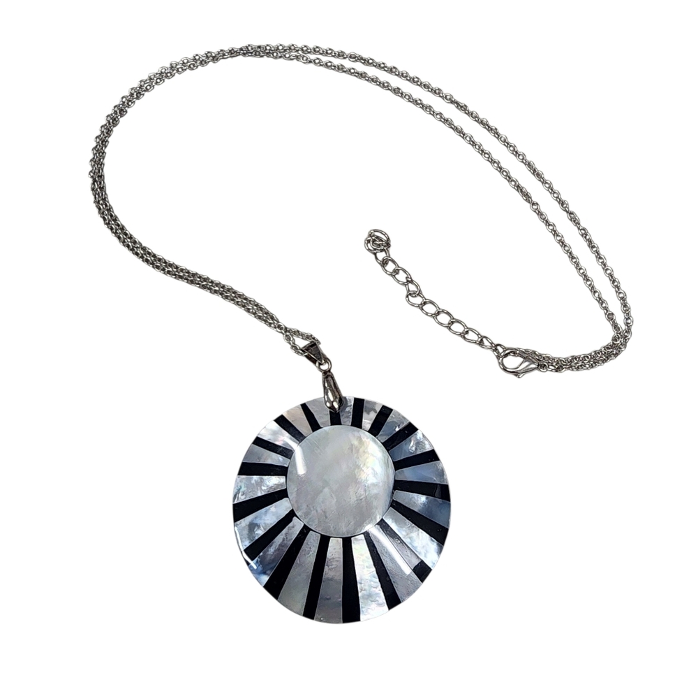 Mother of Pearl Sunburst Pendant Necklace, Black & White Shell Inlay Silver-Tone